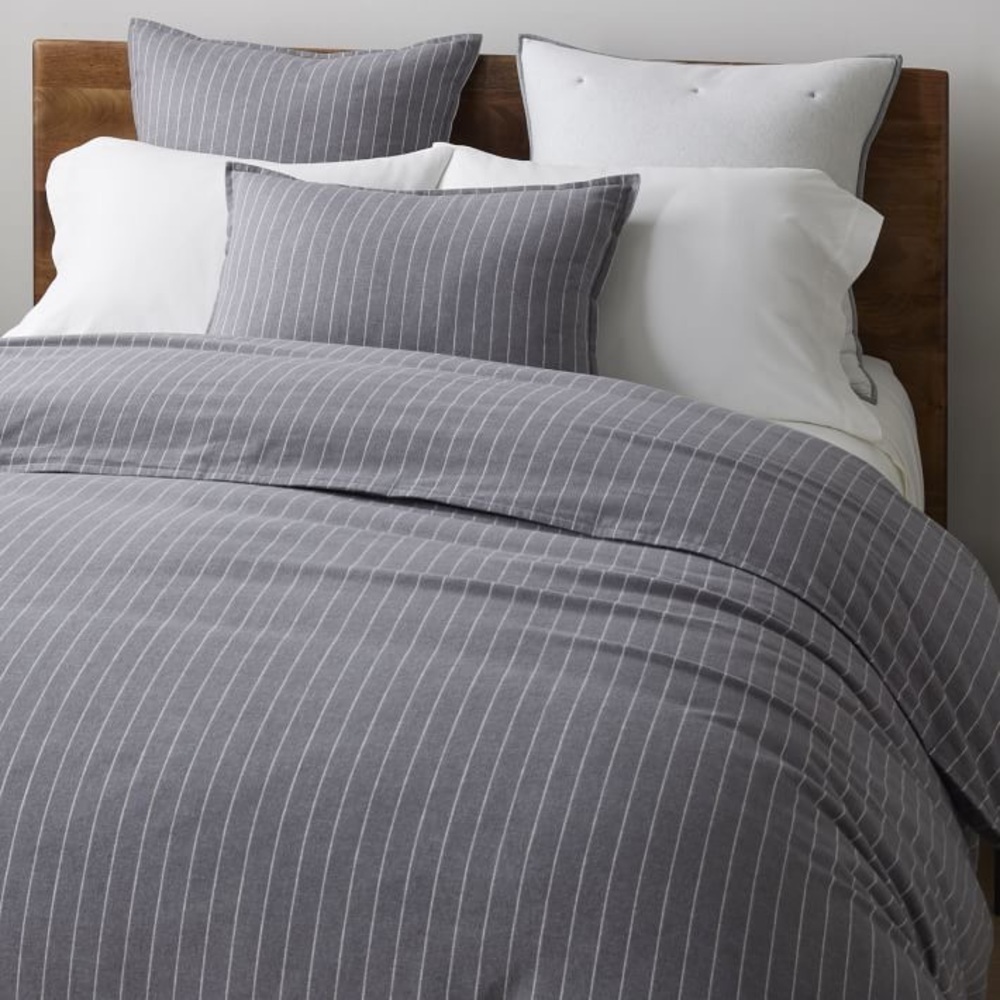 West Elm Gray Organic Flannel Pinstripe Duvet Cover King/Cal